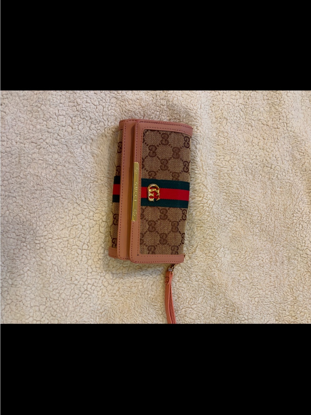 Pink GG Canvas Wristlet with Green-Red Web Stripe